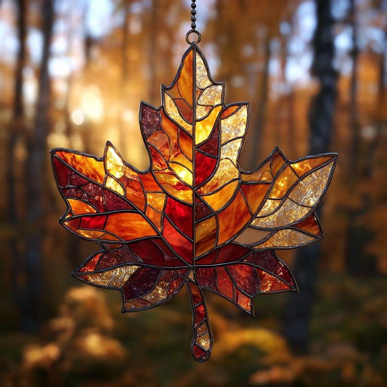 Autumn Maple Leaf Acrylic Suncatcher Faux Stained Glass Fall Leaf Window Hanging, Thanksgiving Home Decor, Garden Gift for Nature Lovers