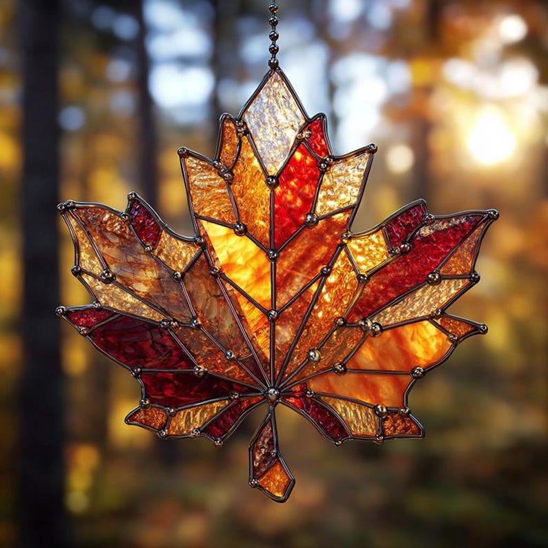 Autumn Maple Leaf Acrylic Suncatcher Faux Stained Glass Fall Leaf Window Hanging, Thanksgiving Home Decor, Garden Gift for Nature Lovers