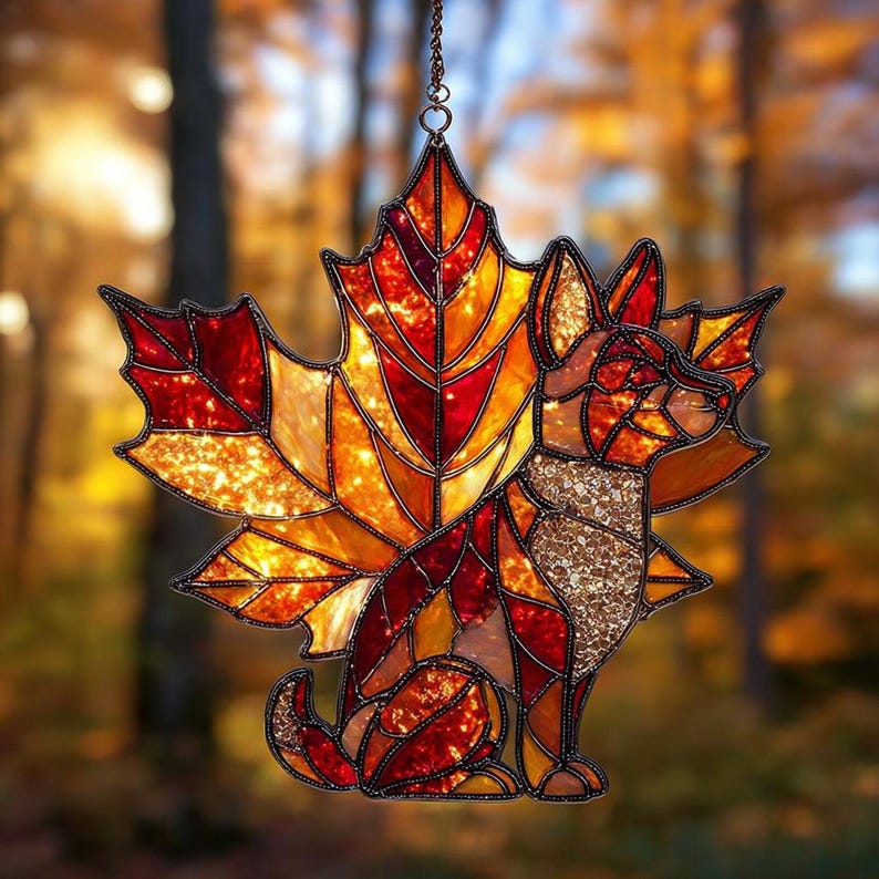 Autumn Maple Leaf Acrylic Suncatcher Faux Stained Glass Fall Leaf Window Hanging, Thanksgiving Home Decor, Garden Gift for Nature Lovers