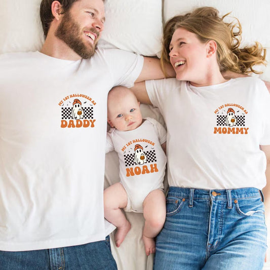 Custom 1st Halloween Family Shirts, Matching 1st Halloween Pumpkin Shirt, Personalized Toddler Halloween Shirt, Mommy Daddy Baby Boo Shirt
