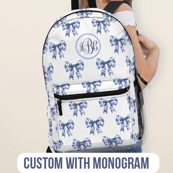 Bows Backpack Toile with Monogram personalized cute backpack preppy school bag Preppy Backpack coquette Day Pack for Student Gift