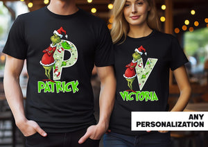 Personalized Grinch Christmas Shirt | Custom Initial & Name Holiday Tee | Matching Family Christmas Shirts | Funny Xmas Grinch Apparel