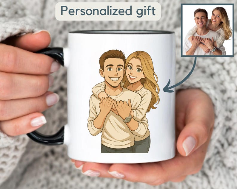 Personalized Anime Style Photo Mug Gift Custom Anime Portrait Coffee Cup Cartoon Drawing Gift for Couple Customizable Art from Picture Text