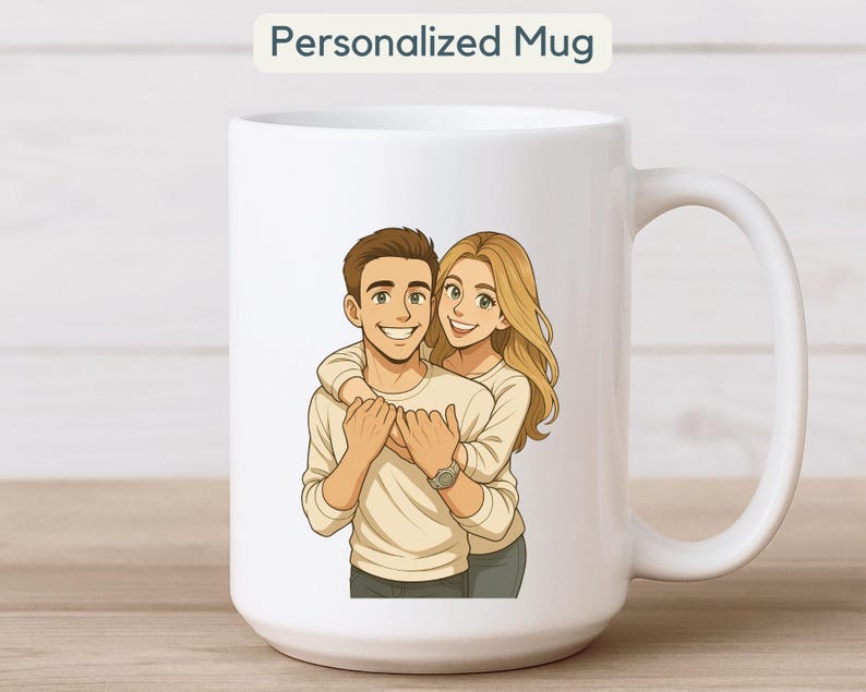 Personalized Anime Style Photo Mug Gift Custom Anime Portrait Coffee Cup Cartoon Drawing Gift for Couple Customizable Art from Picture Text