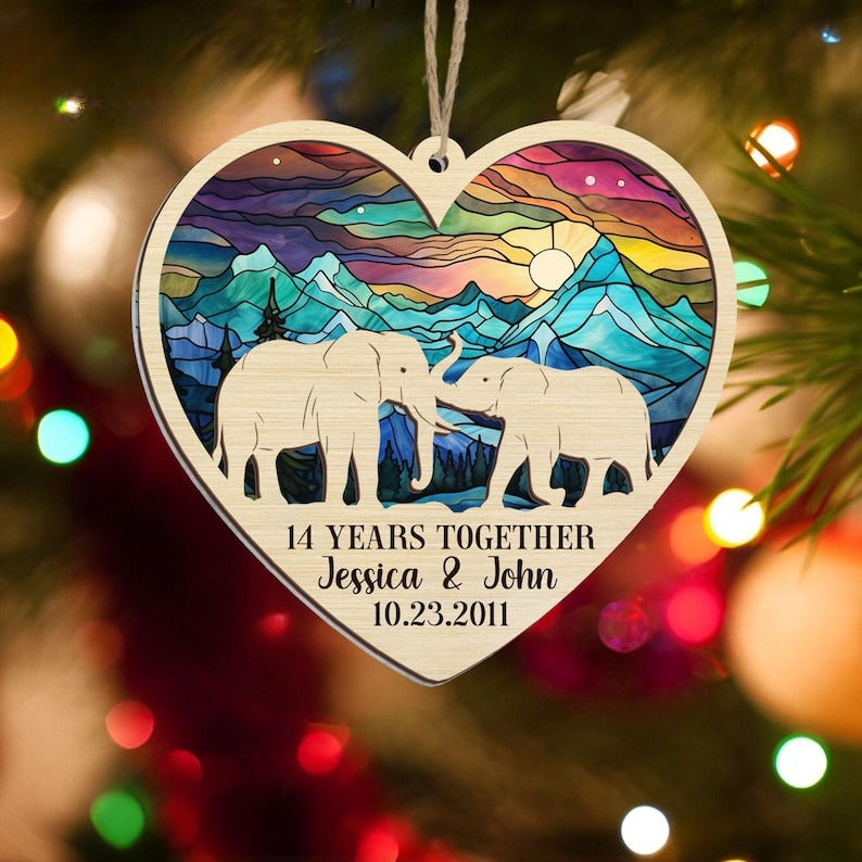 Personalized 14th Wedding Anniversary Suncatcher Ornament, 14th Anniversary Gift, 14 Years Anniversary, Ivory Anniversary, Wedding Elephant