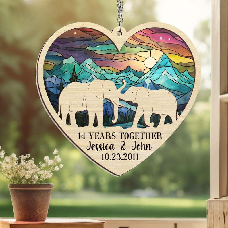 Personalized 14th Wedding Anniversary Suncatcher Ornament, 14th Anniversary Gift, 14 Years Anniversary, Ivory Anniversary, Wedding Elephant