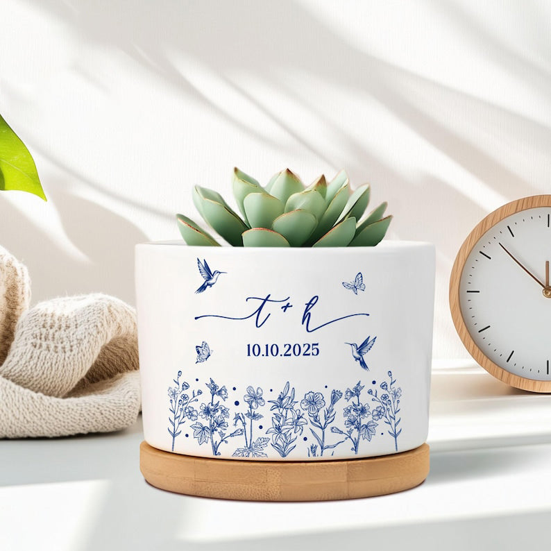 Toile De Jouy Engagement Plant Pot, Anniversary Gift Pot, Engagement Gifts, Wedding Flower Pot, Wedding Gifts for Couple, Bridal Shower Gift