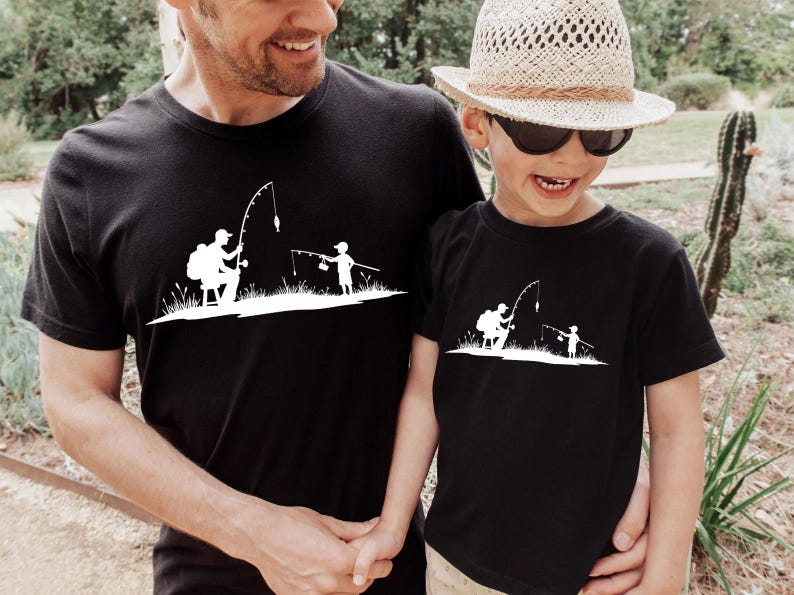 Father Son Fishing Shirt, Matching Daddy and Kid Tee, Father s Day Gift for Dad, Outdoor Silhouette Fishing T-Shirt, Bonding Moment Tee