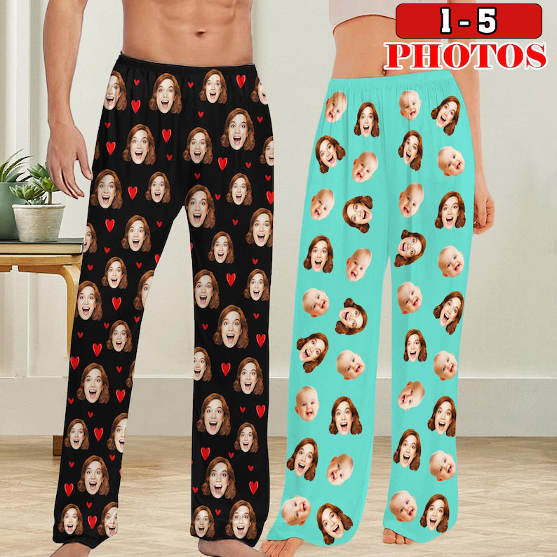 Personalized Face Pajama Pants,Custom Photo Trousers,Family Pictures on PJS,Valentine's Day Gifts