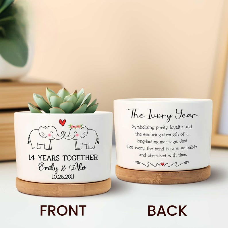 14th Ivory Wedding Anniversary Plant Pot, 14 Years Anniversary, 14th Wedding Anniversary Gifts, Couples Gift, Elephants Pot, Gift for Wife