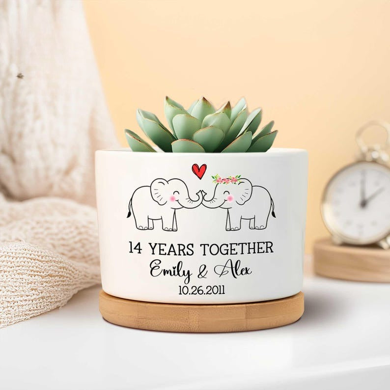 14th Ivory Wedding Anniversary Plant Pot, 14 Years Anniversary, 14th Wedding Anniversary Gifts, Couples Gift, Elephants Pot, Gift for Wife