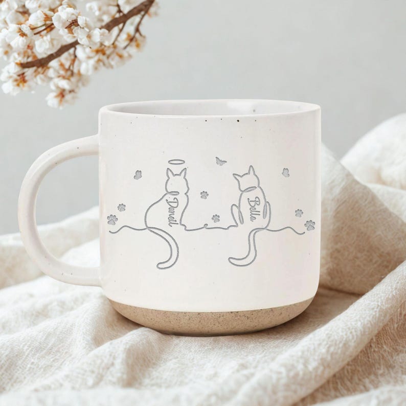 Personalised Cat Pottery Mug, Cat Memorial Gift, Cat Lovers Gift Cute Dog Cat Line Art Gift for Pet Mom/Pet Dad, Custom Cat's Name Mug