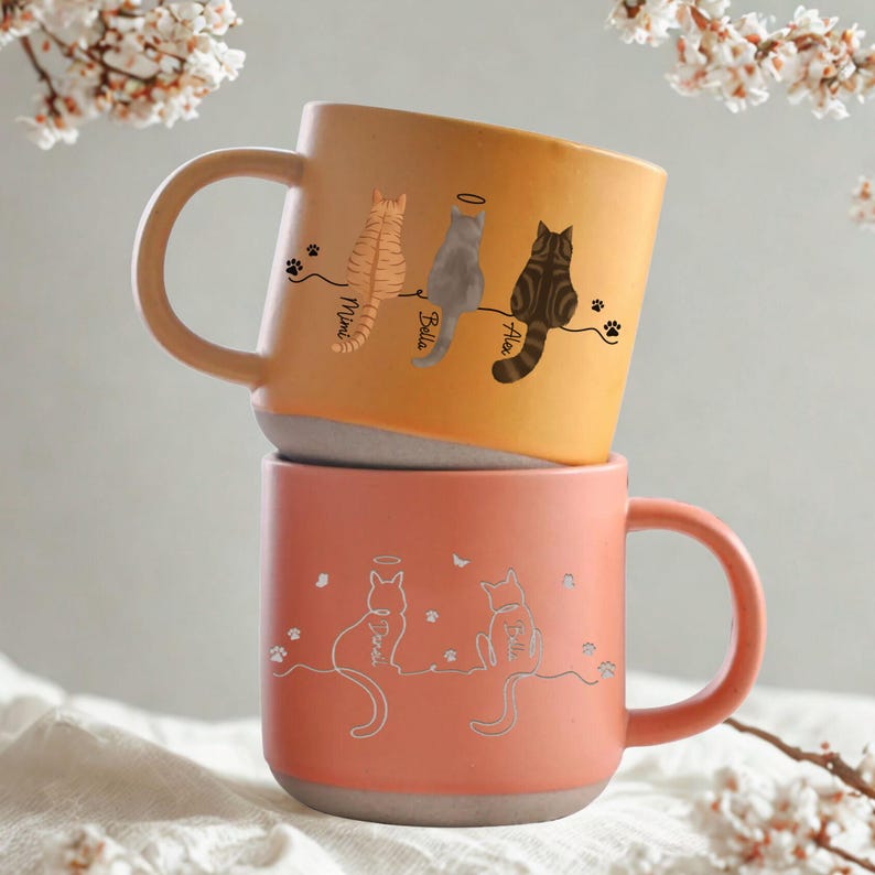 Personalised Cat Pottery Mug, Cat Memorial Gift, Cat Lovers Gift Cute Dog Cat Line Art Gift for Pet Mom/Pet Dad, Custom Cat's Name Mug