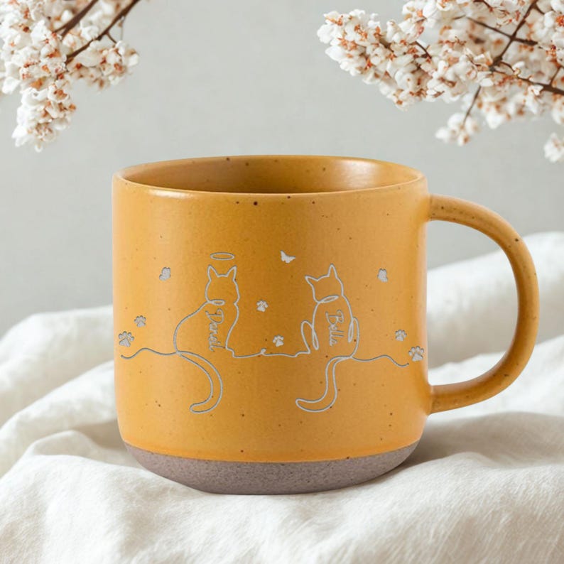 Personalised Cat Pottery Mug, Cat Memorial Gift, Cat Lovers Gift Cute Dog Cat Line Art Gift for Pet Mom/Pet Dad, Custom Cat's Name Mug