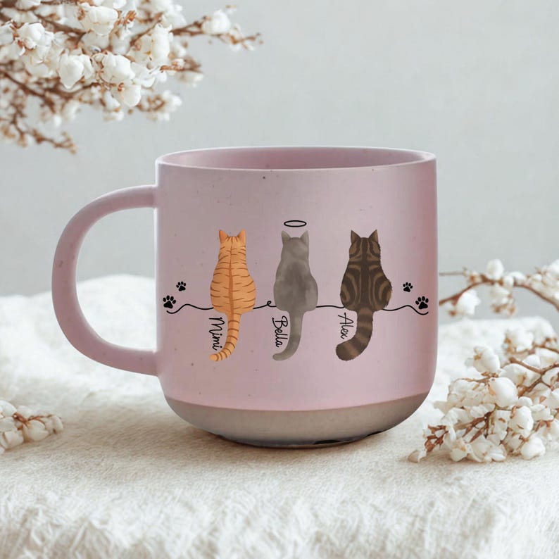 Personalised Cat Pottery Mug, Cat Memorial Gift, Cat Lovers Gift Cute Dog Cat Line Art Gift for Pet Mom/Pet Dad, Custom Cat's Name Mug