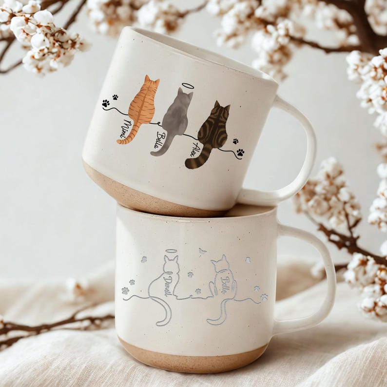 Personalised Cat Pottery Mug, Cat Memorial Gift, Cat Lovers Gift Cute Dog Cat Line Art Gift for Pet Mom/Pet Dad, Custom Cat's Name Mug