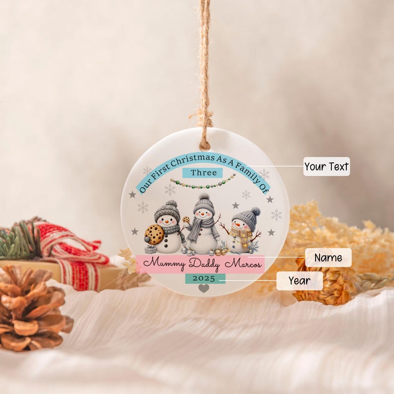 Personalised First Christmas as A Family of Three, Cute Snowman Family Christmas Bauble, New Baby Christmas Ornament, Family First Xmas Gift