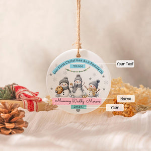 Personalised First Christmas as A Family of Three, Cute Snowman Family Christmas Bauble, New Baby Christmas Ornament, Family First Xmas Gift