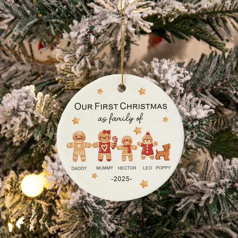 Gingerbread Family Christmas Ornament, Personalised Christmas Tree Bauble, Family First Christmas Keepsake with Pet, First Xmas as Family Of