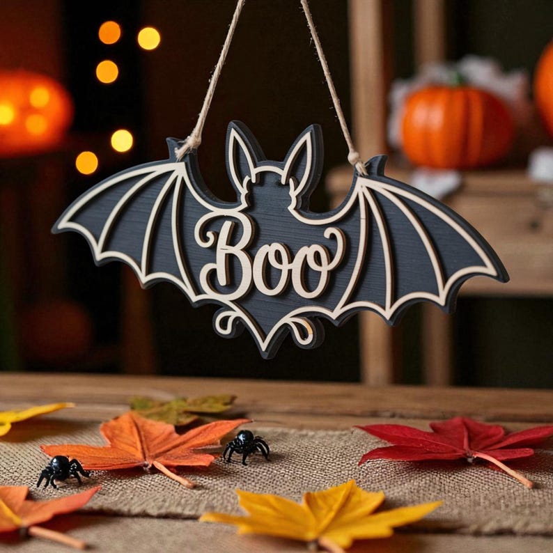 Personalized Halloween Bat Door Hanger: Spooky Wood Decor