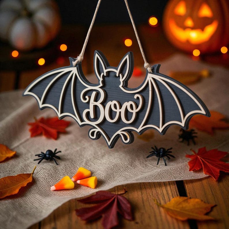 Personalized Halloween Bat Door Hanger: Spooky Wood Decor