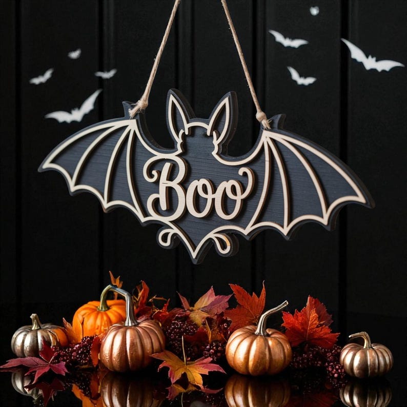 Personalized Halloween Bat Door Hanger: Spooky Wood Decor