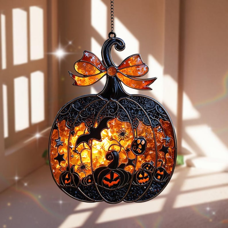 Spooky Pumpkin Suncatcher with Bat And Candy Halloween Acrylic Window Decor, Glowing Jack O Lantern Ornament with Spider & Bow Accent