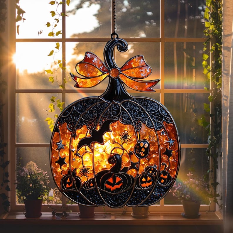 Spooky Pumpkin Suncatcher with Bat And Candy Halloween Acrylic Window Decor, Glowing Jack O Lantern Ornament with Spider & Bow Accent