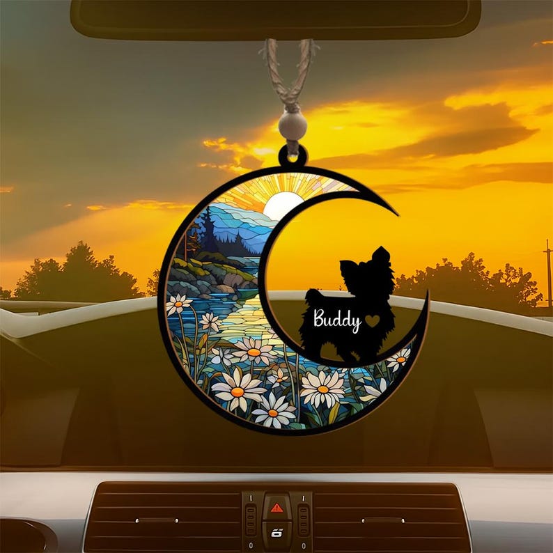 Custom Dog Suncatcher With Name, Moon & Sunset Pet Memorial Ornament, Personalized Puppy Loss Gift, Dog Remembrance Window Decor