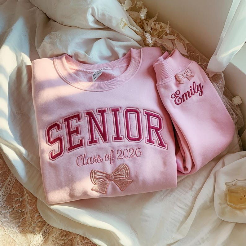 Senior Embroidered Sweatshirt Class of 2026 with Name, Senior 2026 Shirt, Personalized Graduation Gift for Her, Senior Girl Bow Crewneck
