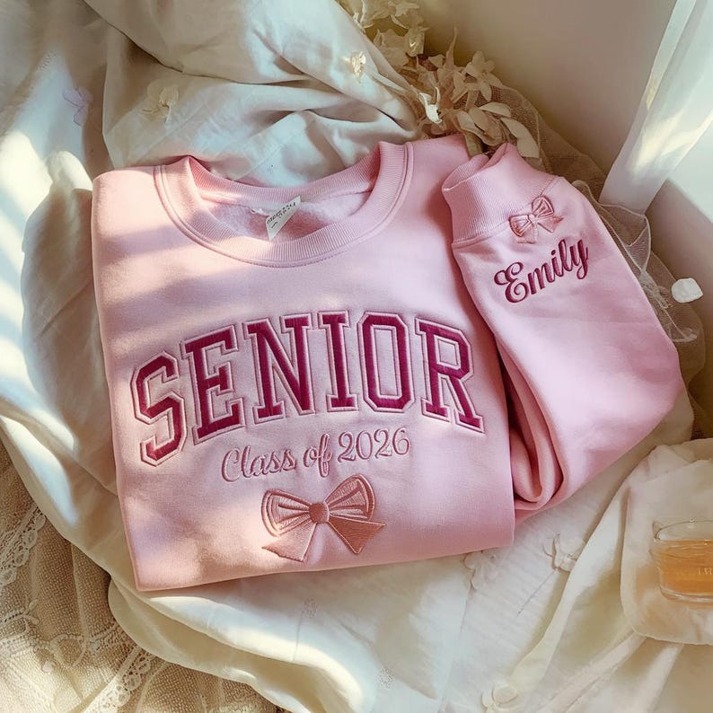 Senior Embroidered Sweatshirt Class of 2026 with Name, Senior 2026 Shirt, Personalized Graduation Gift for Her, Senior Girl Bow Crewneck