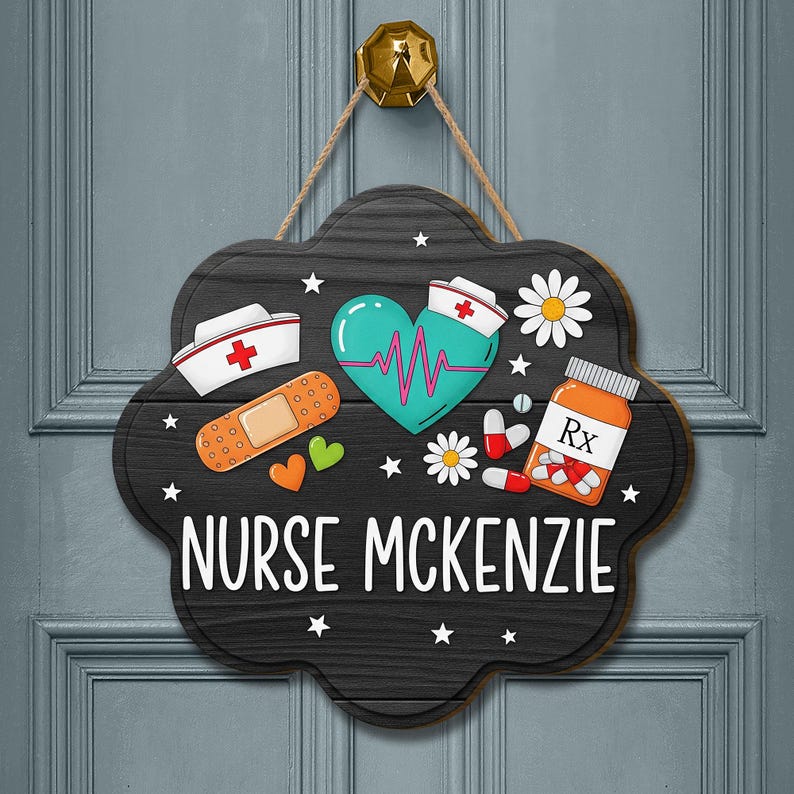 Personalized Nurse Door Sign Custom Hanging Plaque with Medical Icons, Nurse Name Decor for Clinic, Office, or School Health Room, Nurse