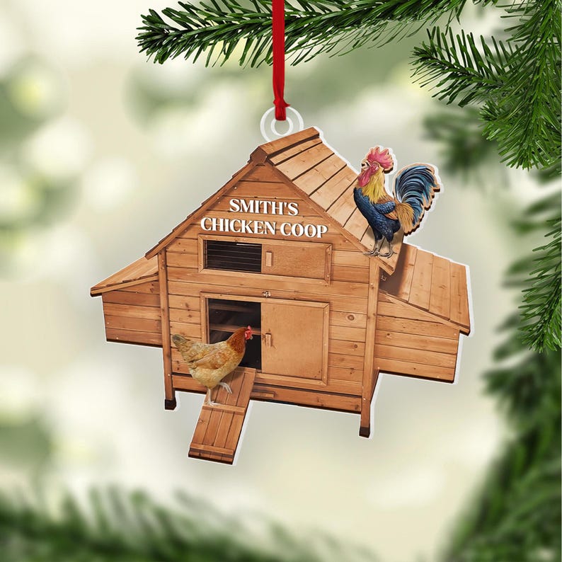 Personalized Name Farmhouse Chicken Ornament, Christmas Tree Hanging Decor, Chicken Christmas Ornament Gift, Flat 2D Ornament Acrylic Wooden