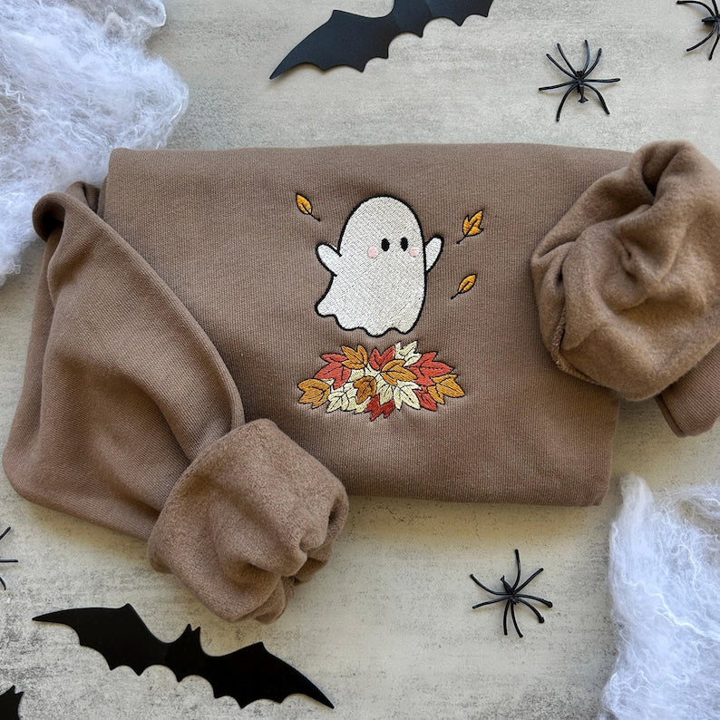 Embroidered Fall Ghost Sweatshirt, Autumn Cozy Season Sweatshirt, Pumpkin, Embroidered Mushroom Sweater, Halloween Sweatshirt, Fall Apparel