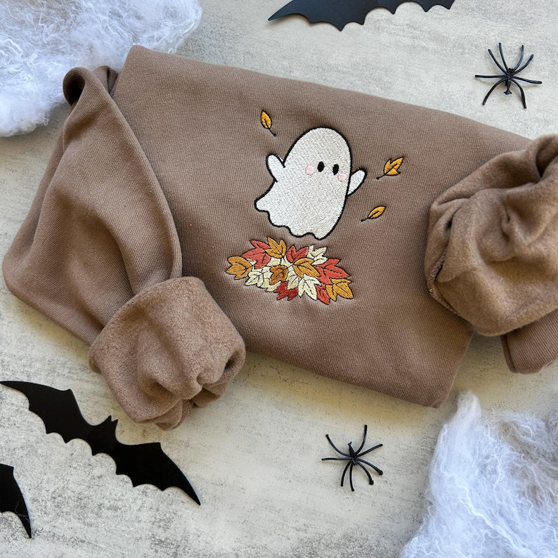 Embroidered Fall Ghost Sweatshirt, Autumn Cozy Season Sweatshirt, Pumpkin, Embroidered Mushroom Sweater, Halloween Sweatshirt, Fall Apparel