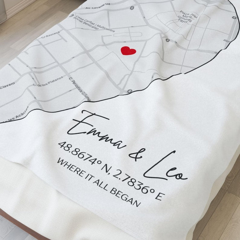 Custom Where It All Began Map Blanket with Coordinates, Personalized Throw Blanket Where We Met Map, First Date Location, Anniversary Gift