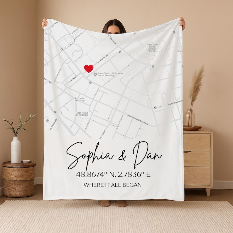 Custom Where It All Began Map Blanket with Coordinates, Personalized Throw Blanket Where We Met Map, First Date Location, Anniversary Gift