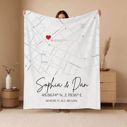Custom Where It All Began Map Blanket with Coordinates, Personalized Throw Blanket Where We Met Map, First Date Location, Anniversary Gift