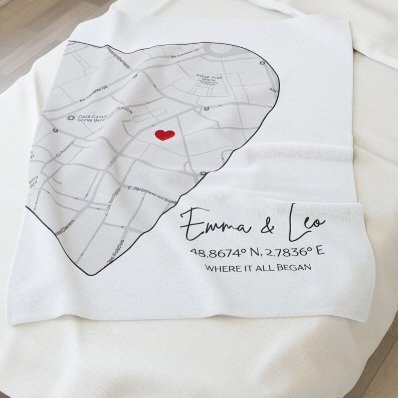 Custom Where It All Began Map Blanket with Coordinates, Personalized Throw Blanket Where We Met Map, First Date Location, Anniversary Gift