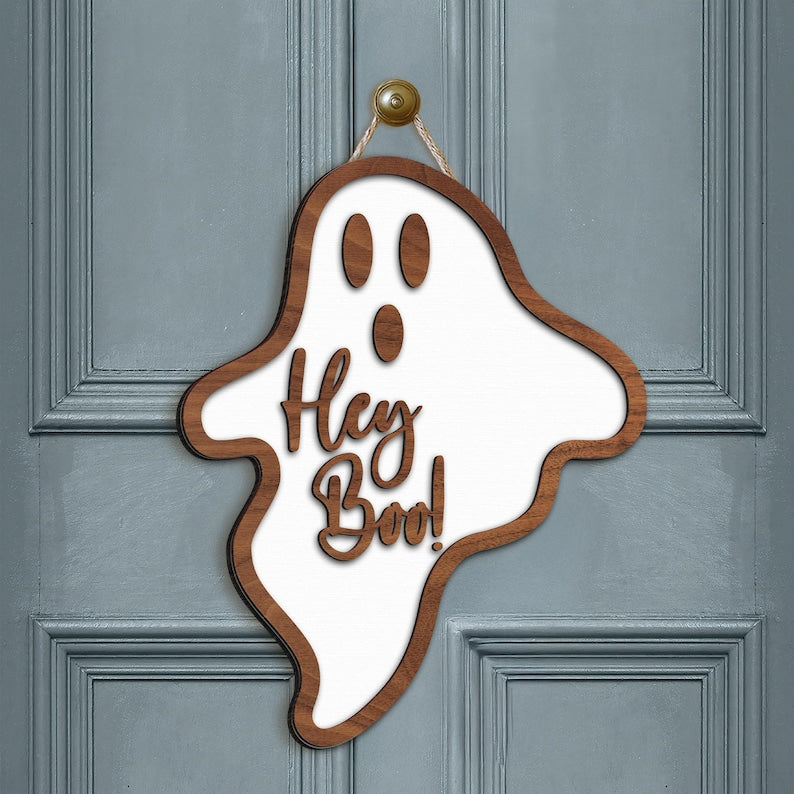 3D Wooden Ghost Door Hanger: 'Hey Boo' Halloween Sign