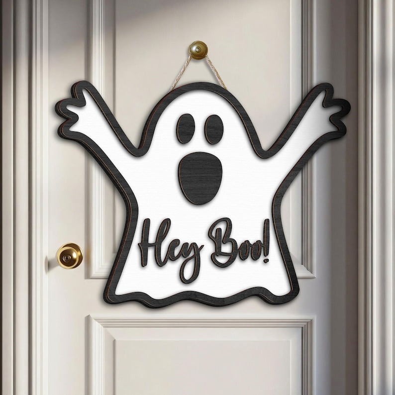 3D Wooden Ghost Door Hanger: 'Hey Boo' Halloween Sign