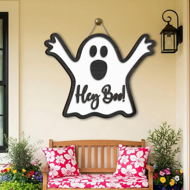 3D Wooden Ghost Door Hanger: 'Hey Boo' Halloween Sign