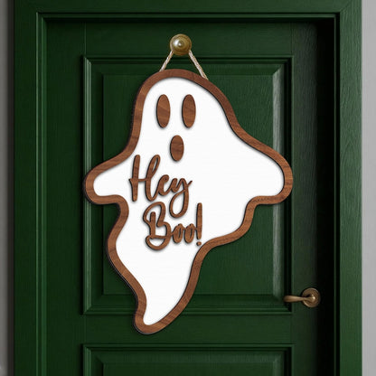 3D Wooden Ghost Door Hanger: 'Hey Boo' Halloween Sign