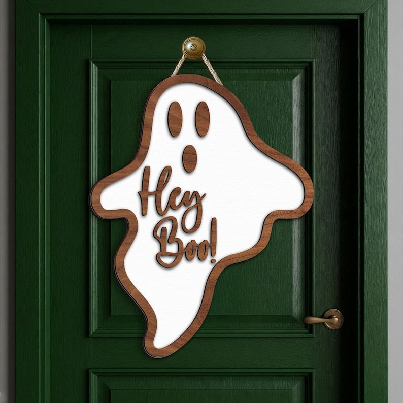 3D Wooden Ghost Door Hanger: 'Hey Boo' Halloween Sign
