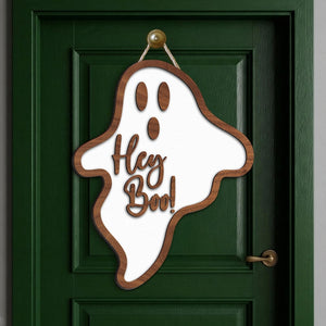 3D Wooden Ghost Door Hanger: 'Hey Boo' Halloween Sign