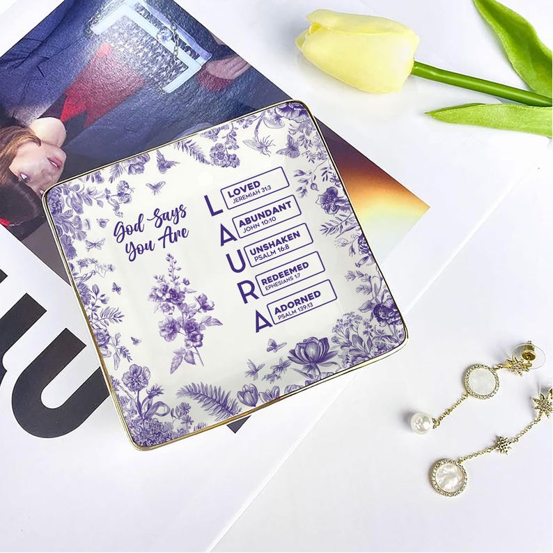 Personalized Christian Name Jewelry Dish With Bible Verses, Custom Scripture Gift for Women, God Says I Am Toile De Jouy, Religious Gift