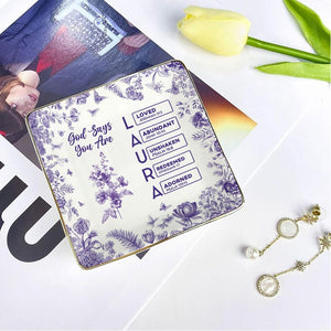 Personalized Christian Name Jewelry Dish With Bible Verses, Custom Scripture Gift for Women, God Says I Am Toile De Jouy, Religious Gift
