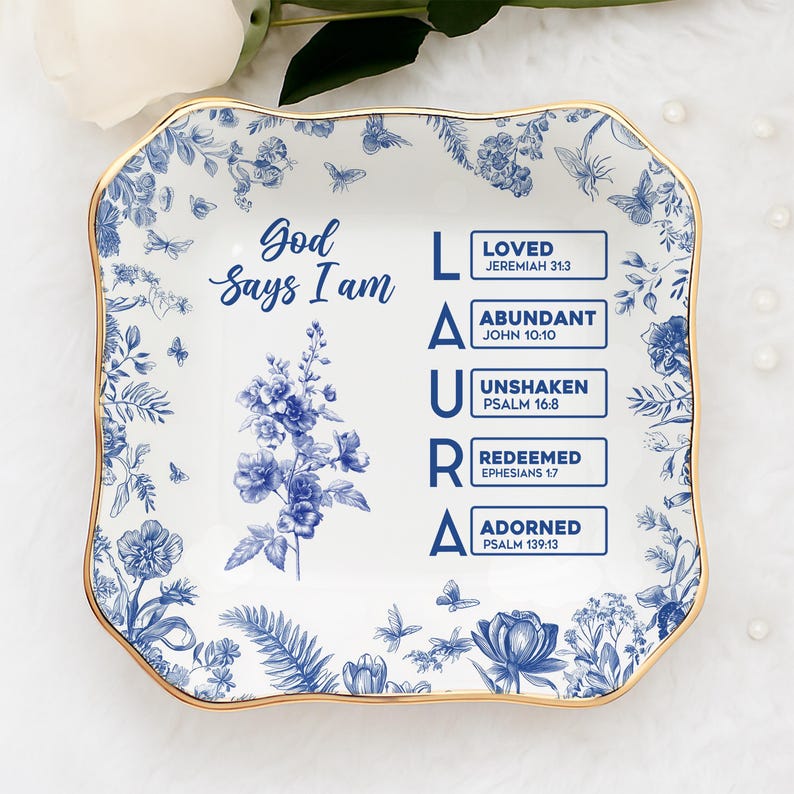 Personalized Christian Name Jewelry Dish With Bible Verses, Custom Scripture Gift for Women, God Says I Am Toile De Jouy, Religious Gift