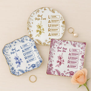 Personalized Christian Name Jewelry Dish With Bible Verses, Custom Scripture Gift for Women, God Says I Am Toile De Jouy, Religious Gift
