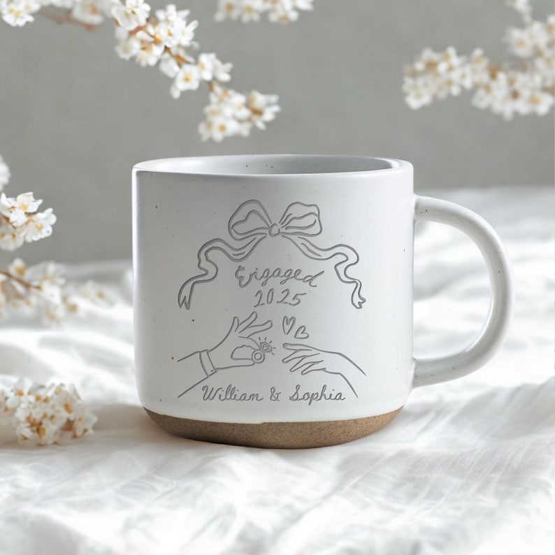 Personalised Engraved Engagement Pottery Mug, Engaged Ceramic Mug, Wedding Gift for Couple,Engagement Gift For Her,Anniversary Gift for Wife